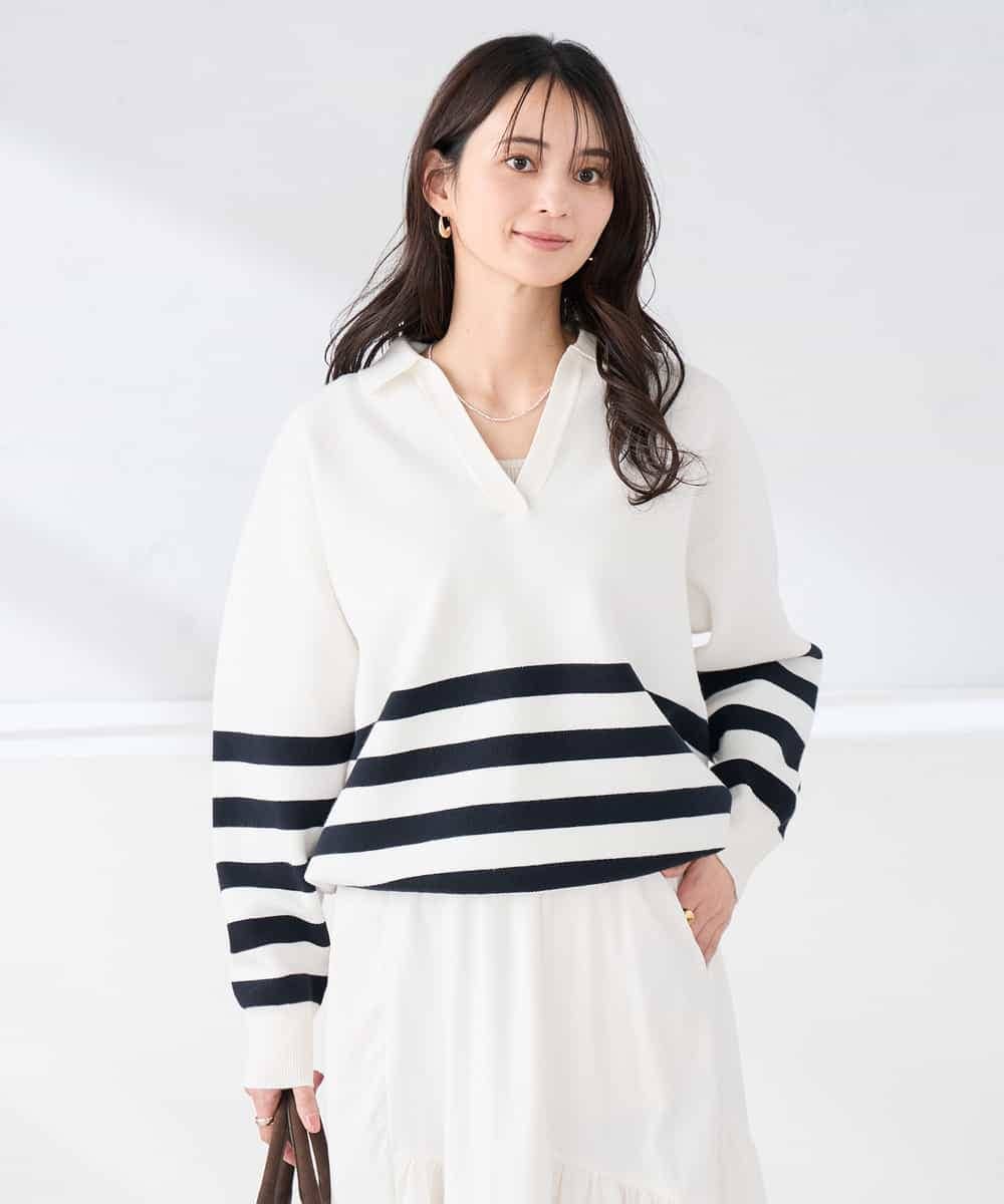 K2FDD07059 a.v.v(アー・ヴェ・ヴェ) ヘンリーネックボーダーニット ホワイト×ブラック