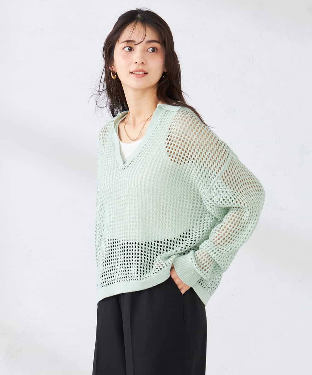 K2FDD21049 a.v.v(アー・ヴェ・ヴェ) 襟付きメッシュニット グリーン