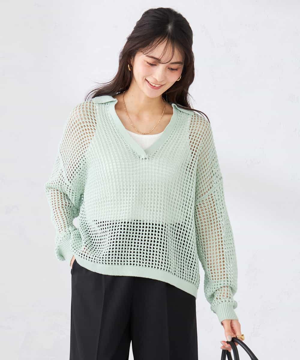 K2FDD21049 a.v.v(アー・ヴェ・ヴェ) 襟付きメッシュニット グリーン