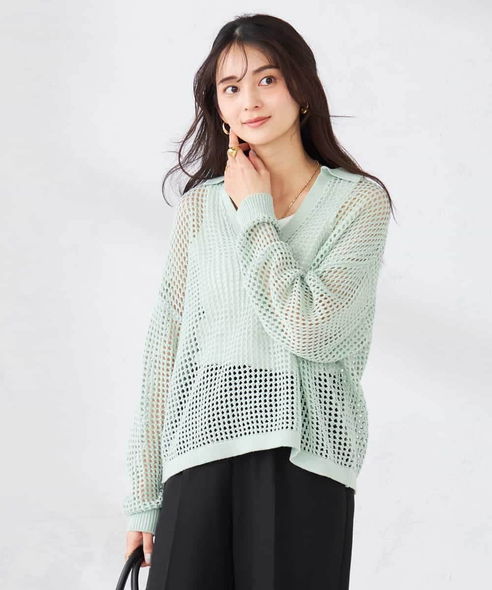 K2FDD21049 a.v.v(アー・ヴェ・ヴェ) 襟付きメッシュニット グリーン