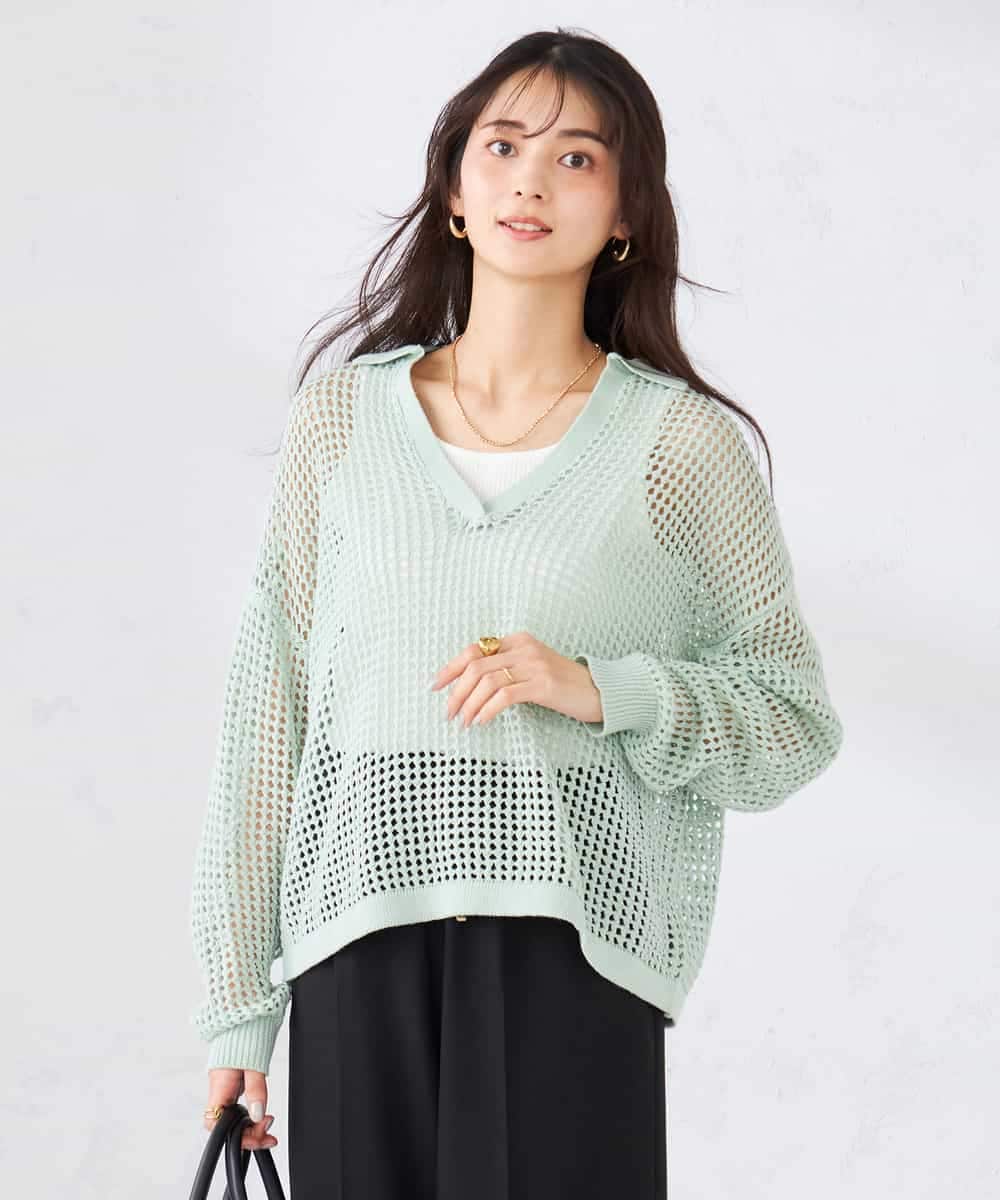 K2FDD21049 a.v.v(アー・ヴェ・ヴェ) 襟付きメッシュニット グリーン