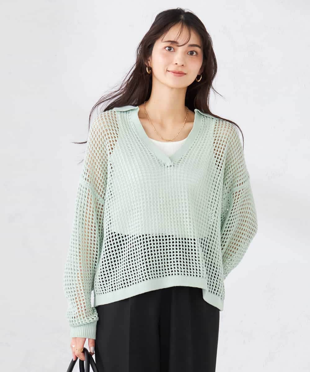 K2FDD21049 a.v.v(アー・ヴェ・ヴェ) 襟付きメッシュニット グリーン