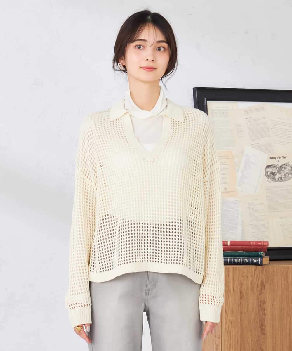 K2FDD21049 a.v.v(アー・ヴェ・ヴェ) 襟付きメッシュニット グリーン