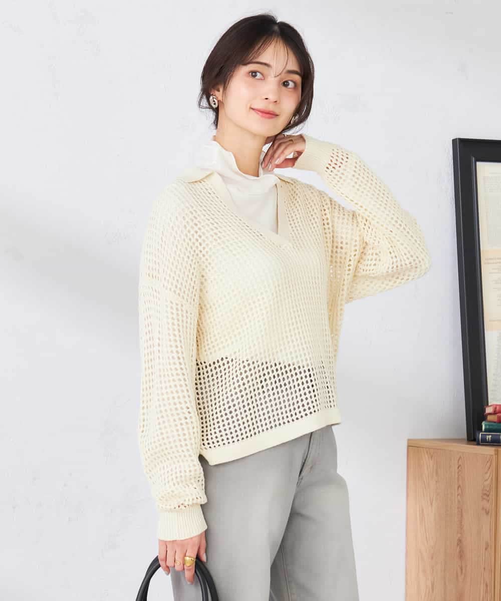 K2FDD21049 a.v.v(アー・ヴェ・ヴェ) 襟付きメッシュニット アイボリー