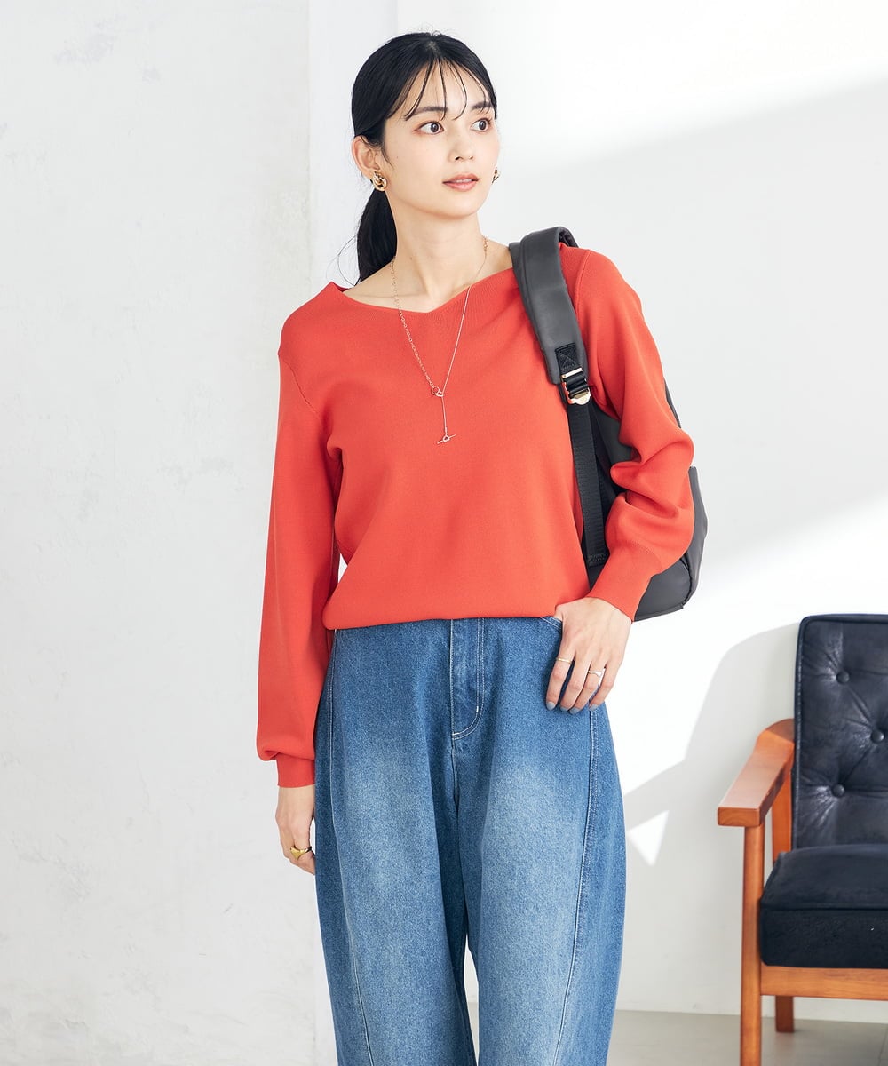 K2FEA79039 a.v.v(アー・ヴェ・ヴェ) 【洗える/UVカット/WEB限定カラー】Vネックパフスリーブ美ラクるニット オレンジ