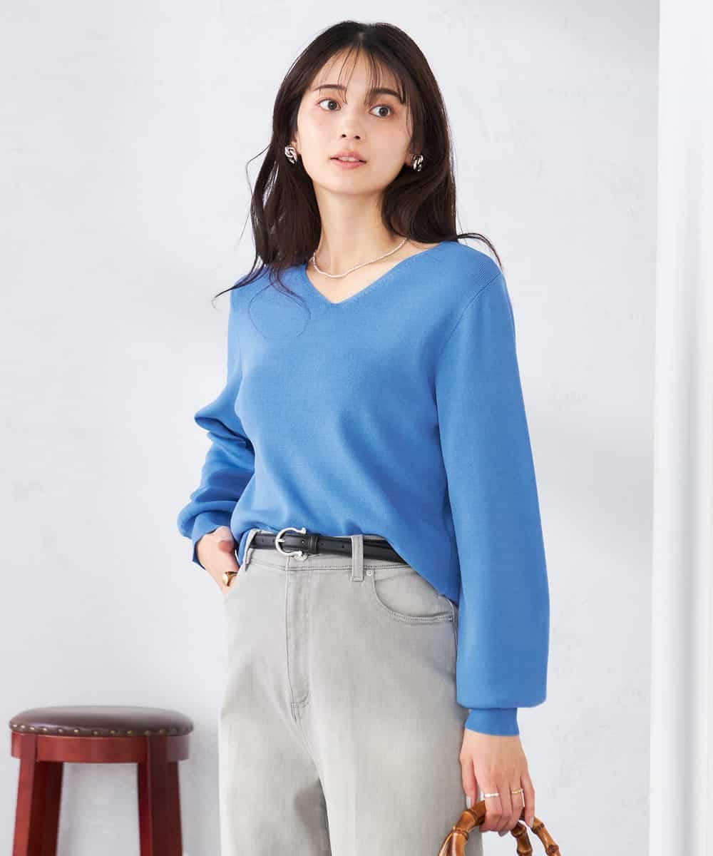 K2FED59039 a.v.v(アー・ヴェ・ヴェ) 【洗える/UVカット】Vネックパフスリーブニット ライトイエロー