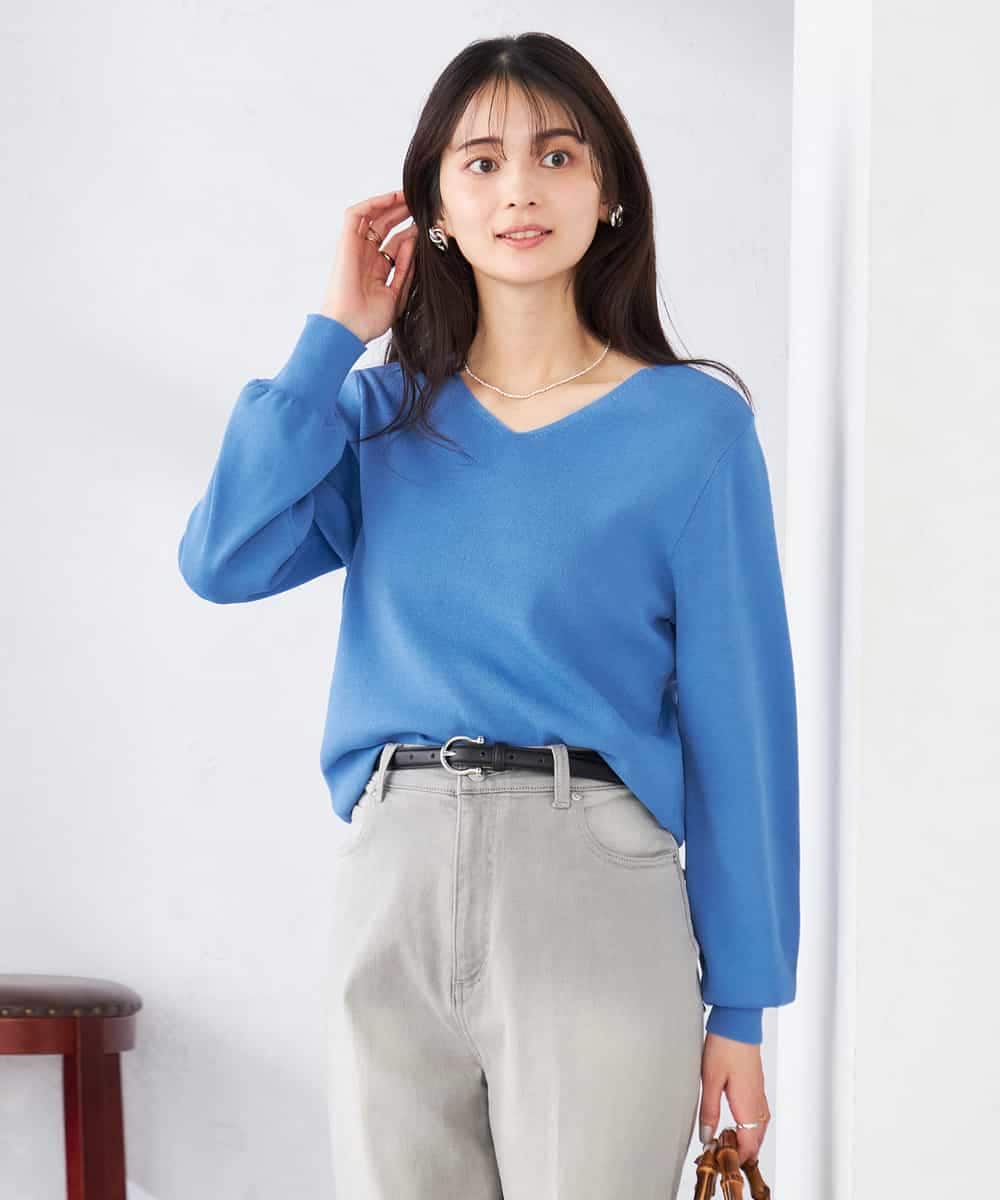 K2FED59039 a.v.v(アー・ヴェ・ヴェ) 【洗える/UVカット】Vネックパフスリーブニット ライトイエロー