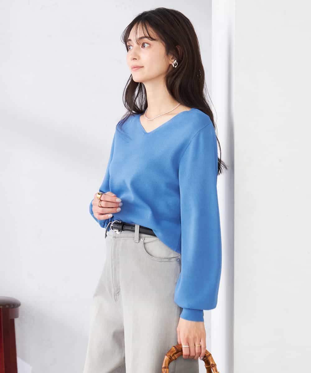 K2FED59039 a.v.v(アー・ヴェ・ヴェ) 【洗える/UVカット】Vネックパフスリーブニット ライトイエロー