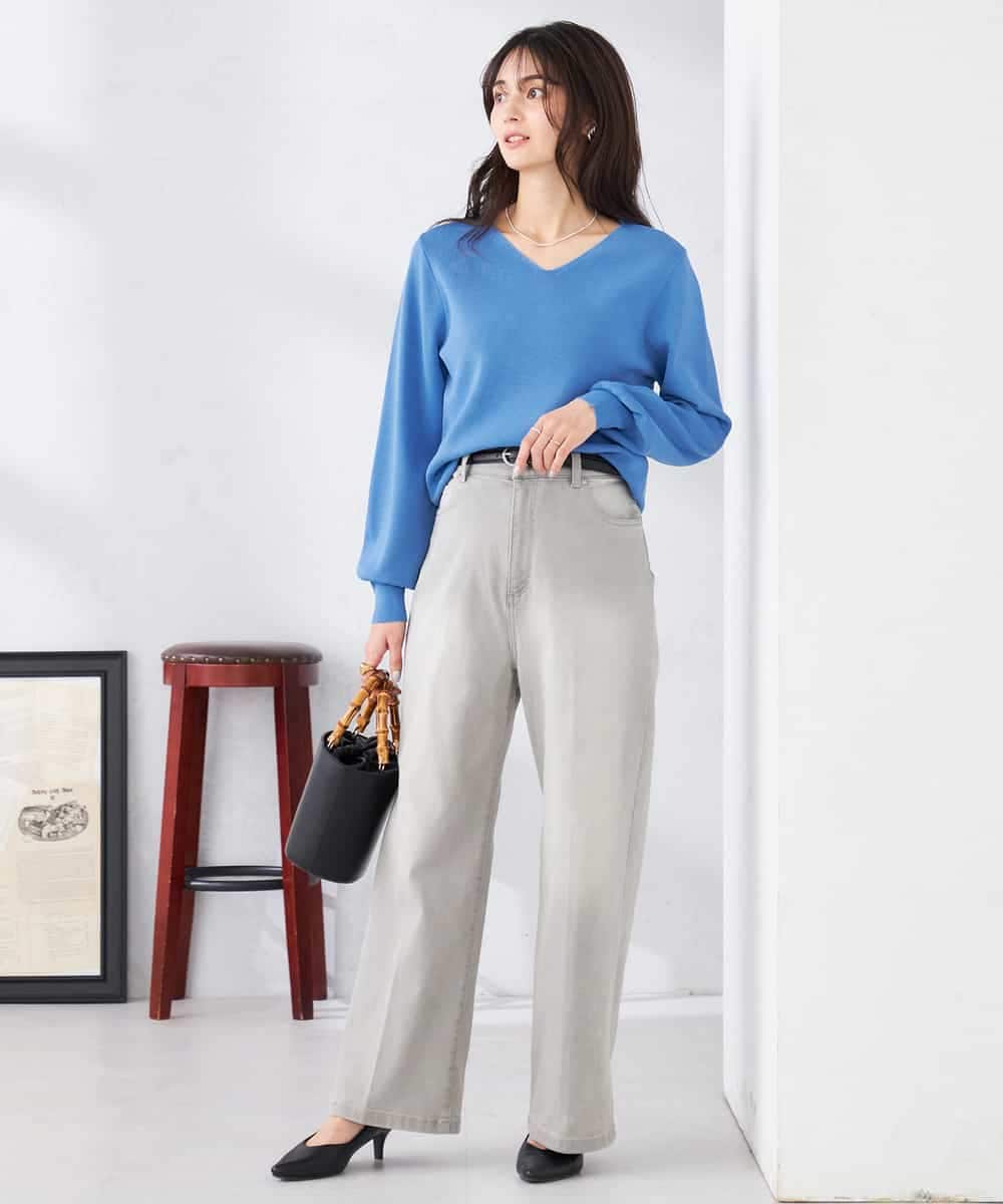 K2FED59039 a.v.v(アー・ヴェ・ヴェ) 【洗える/UVカット】Vネックパフスリーブニット ライトイエロー