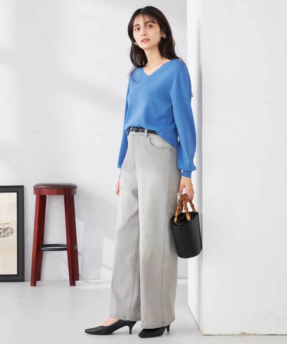 K2FED59039 a.v.v(アー・ヴェ・ヴェ) 【洗える/UVカット】Vネックパフスリーブニット ライトイエロー