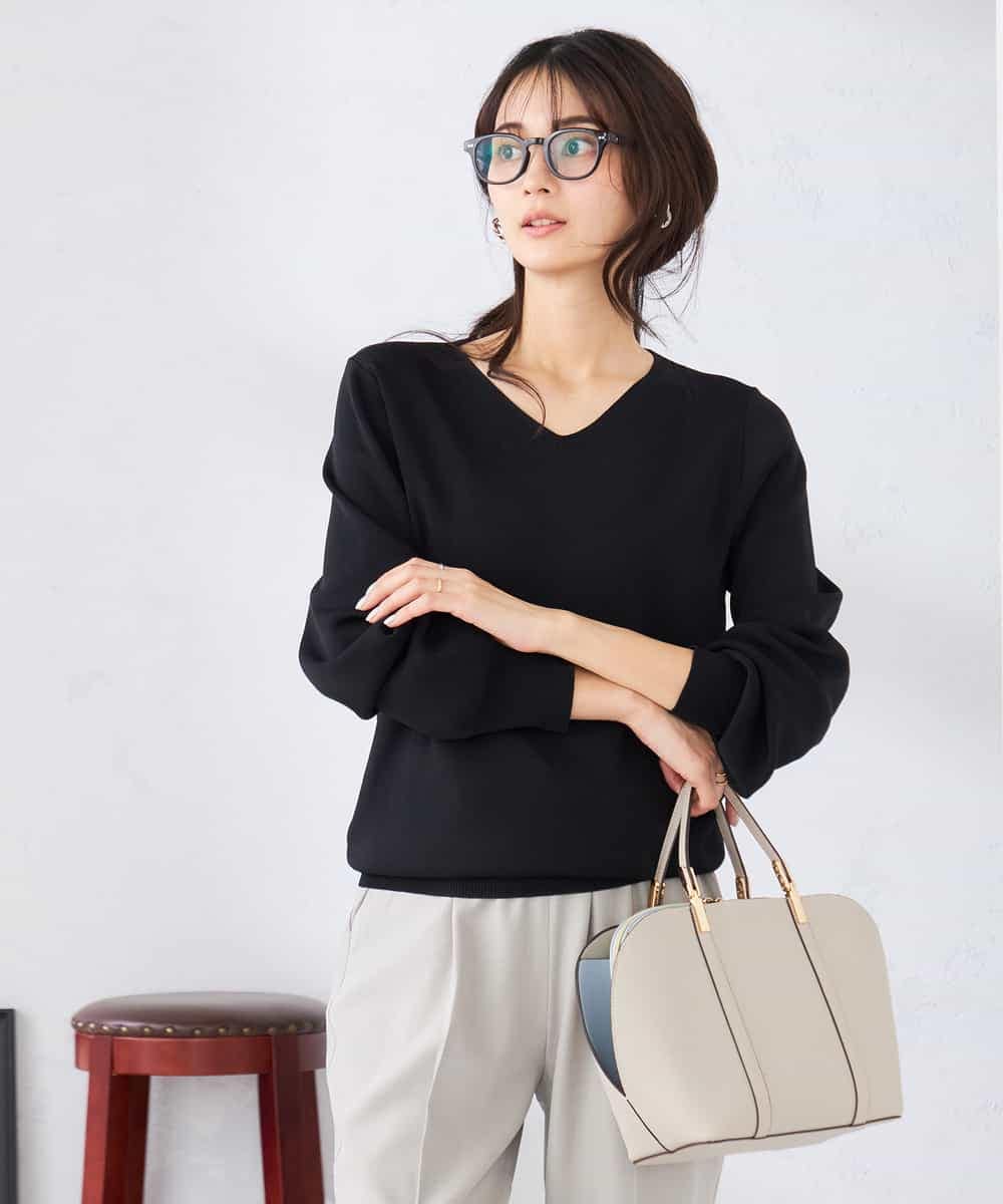 K2FED59039 a.v.v(アー・ヴェ・ヴェ) 【洗える/UVカット】Vネックパフスリーブニット ライトイエロー