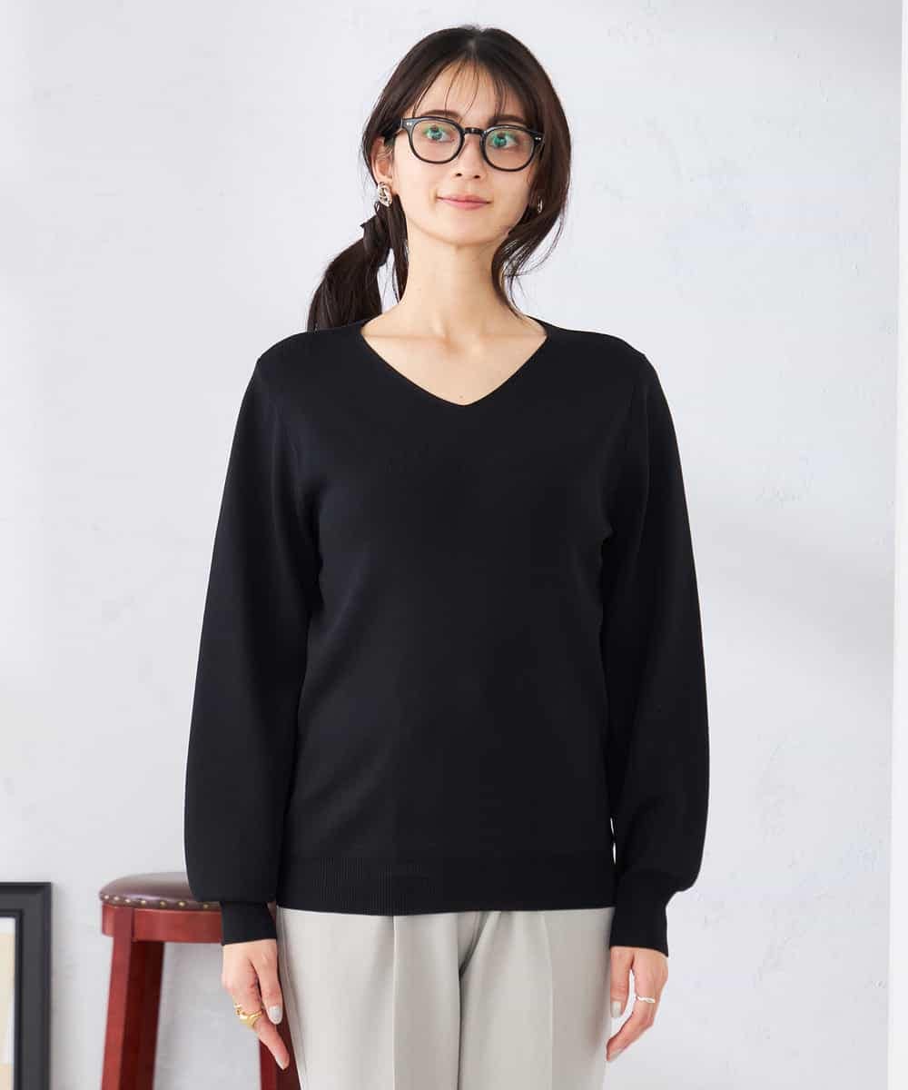 K2FED59039 a.v.v(アー・ヴェ・ヴェ) 【洗える/UVカット】Vネックパフスリーブニット ライトイエロー