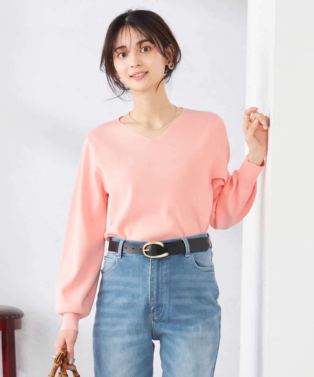 K2FED79039 a.v.v(アー・ヴェ・ヴェ) 【WEB限定/洗える/UVカット】Vネックパフスリーブニット ピンク