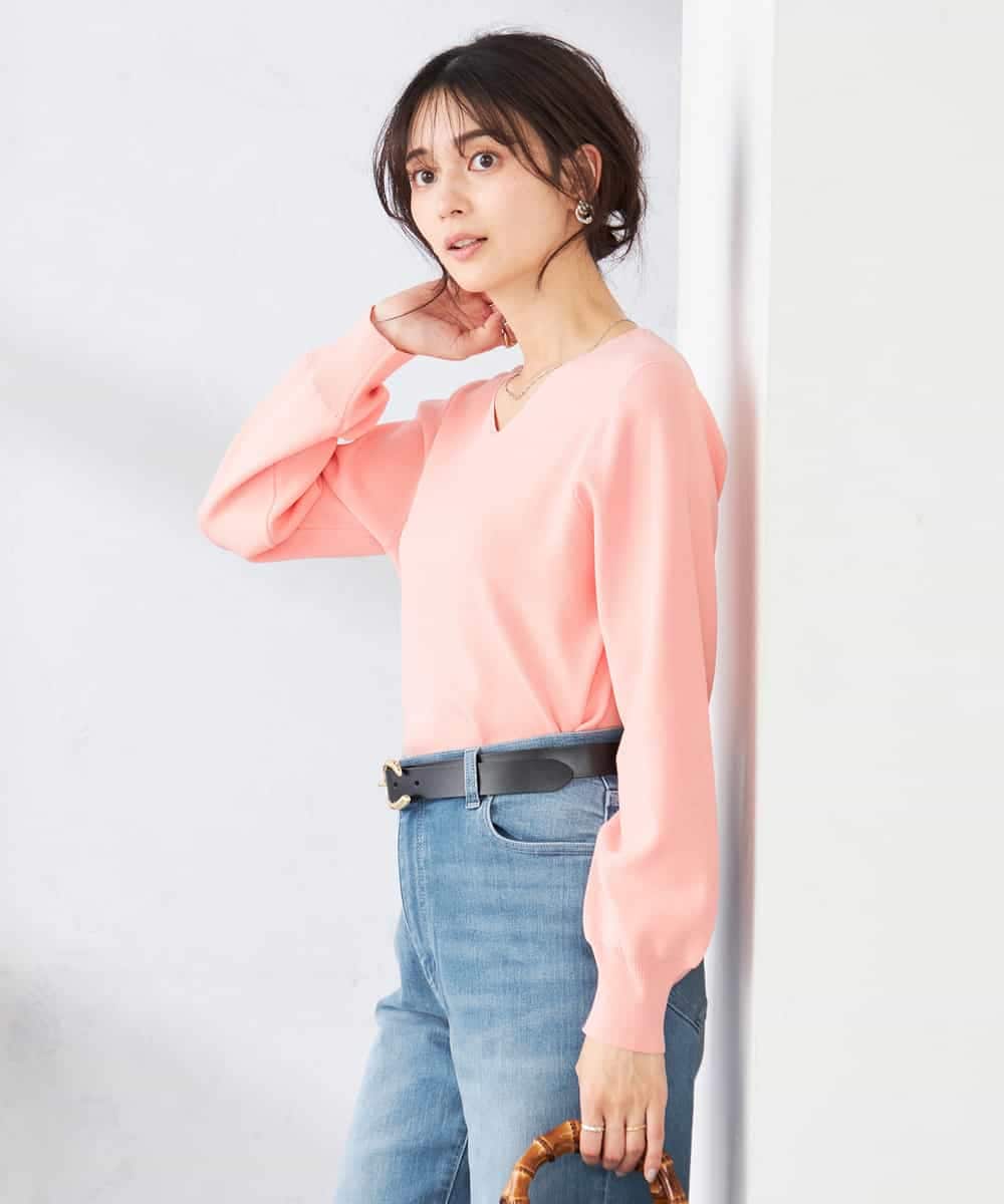 K2FED79039 a.v.v(アー・ヴェ・ヴェ) 【WEB限定/洗える/UVカット】Vネックパフスリーブニット ピンク