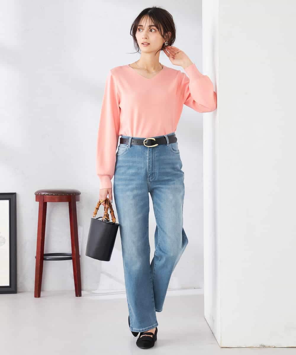 K2FED79039 a.v.v(アー・ヴェ・ヴェ) 【WEB限定/洗える/UVカット】Vネックパフスリーブニット ピンク