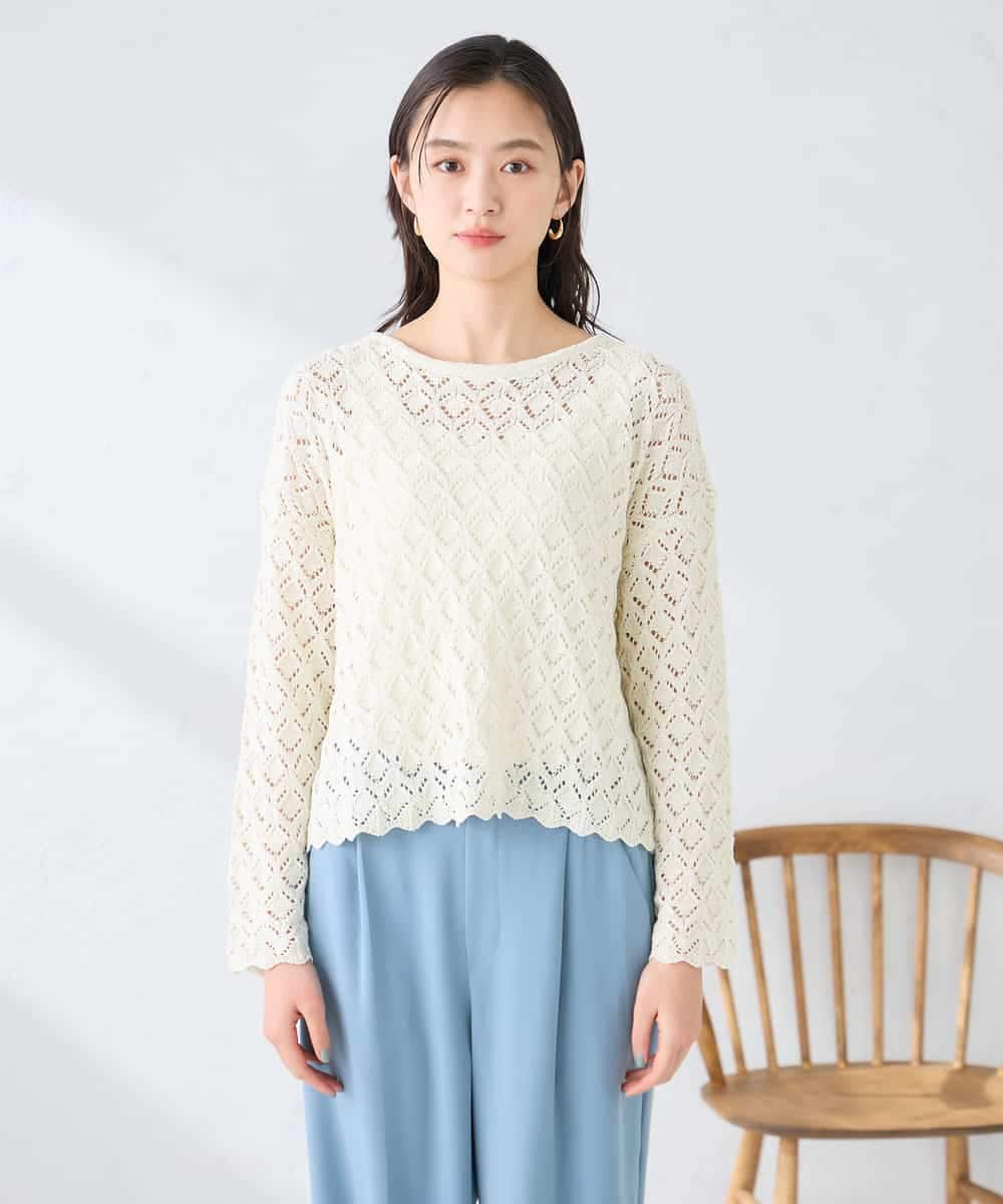 K2FFD06054 a.v.v(アー・ヴェ・ヴェ) 透かし編みニットプルオーバー アイボリー