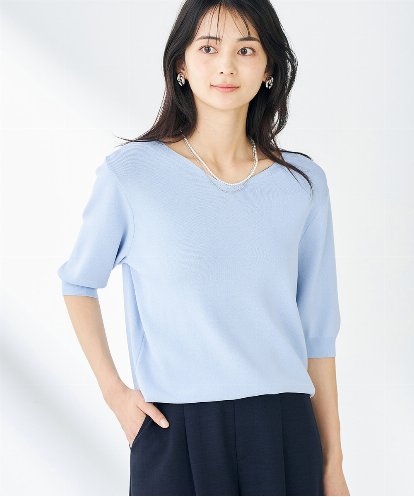K2FGA59039 a.v.v 【接触冷感/UVカット/洗える】Vネックハーフスリーブ美ラクるサマーニット