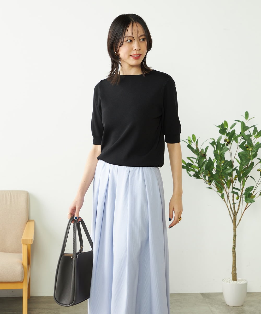 K2FGA69039 a.v.v(アー・ヴェ・ヴェ) 【接触冷感/UVカット/洗える】ボートネックパフスリーブ美ラクるサマーニット ピンク