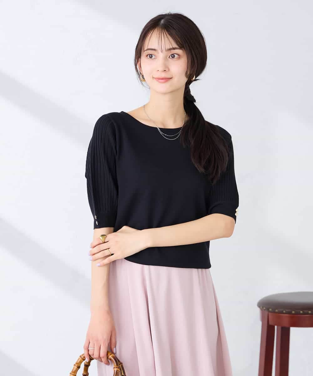 K2FGD12044 a.v.v(アー・ヴェ・ヴェ) プリーツスリーブサマーニット【接触冷感/UVカット】 ブラック