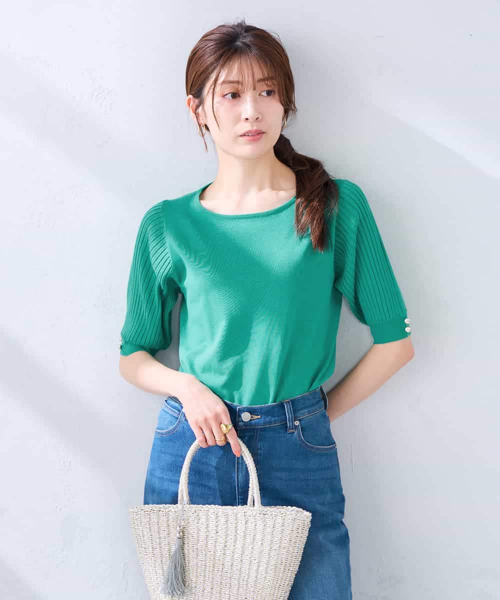 K2FGD12044 a.v.v(アー・ヴェ・ヴェ) プリーツスリーブサマーニット【接触冷感/UVカット】 ブラック