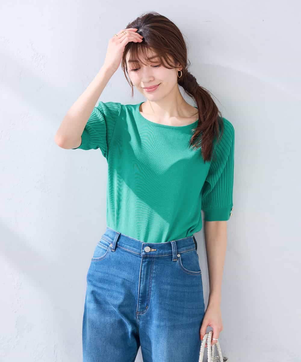 K2FGD12044 a.v.v(アー・ヴェ・ヴェ) プリーツスリーブサマーニット【接触冷感/UVカット】 ブラック