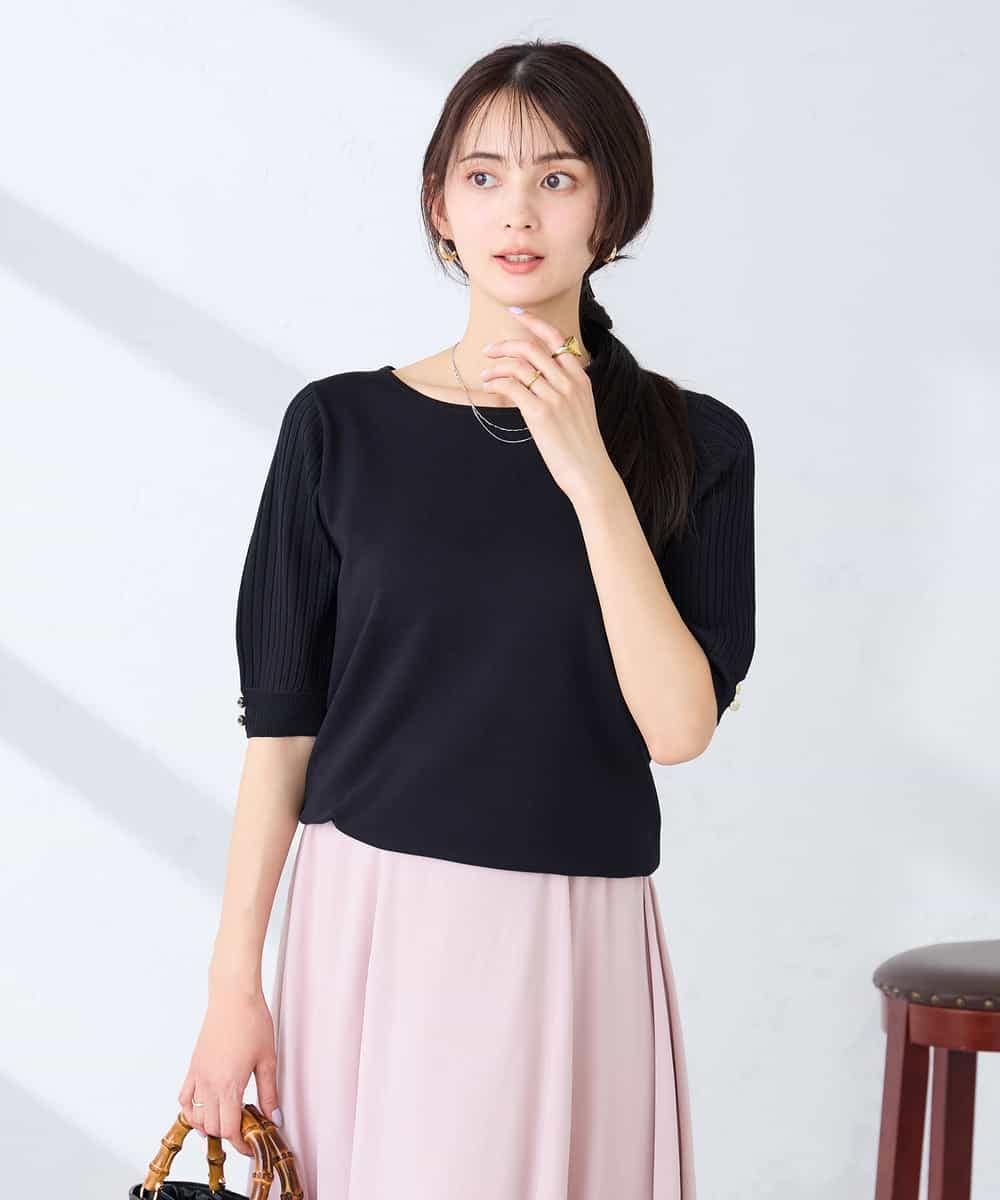 K2FGD12044 a.v.v(アー・ヴェ・ヴェ) プリーツスリーブサマーニット【接触冷感/UVカット】 ブラック