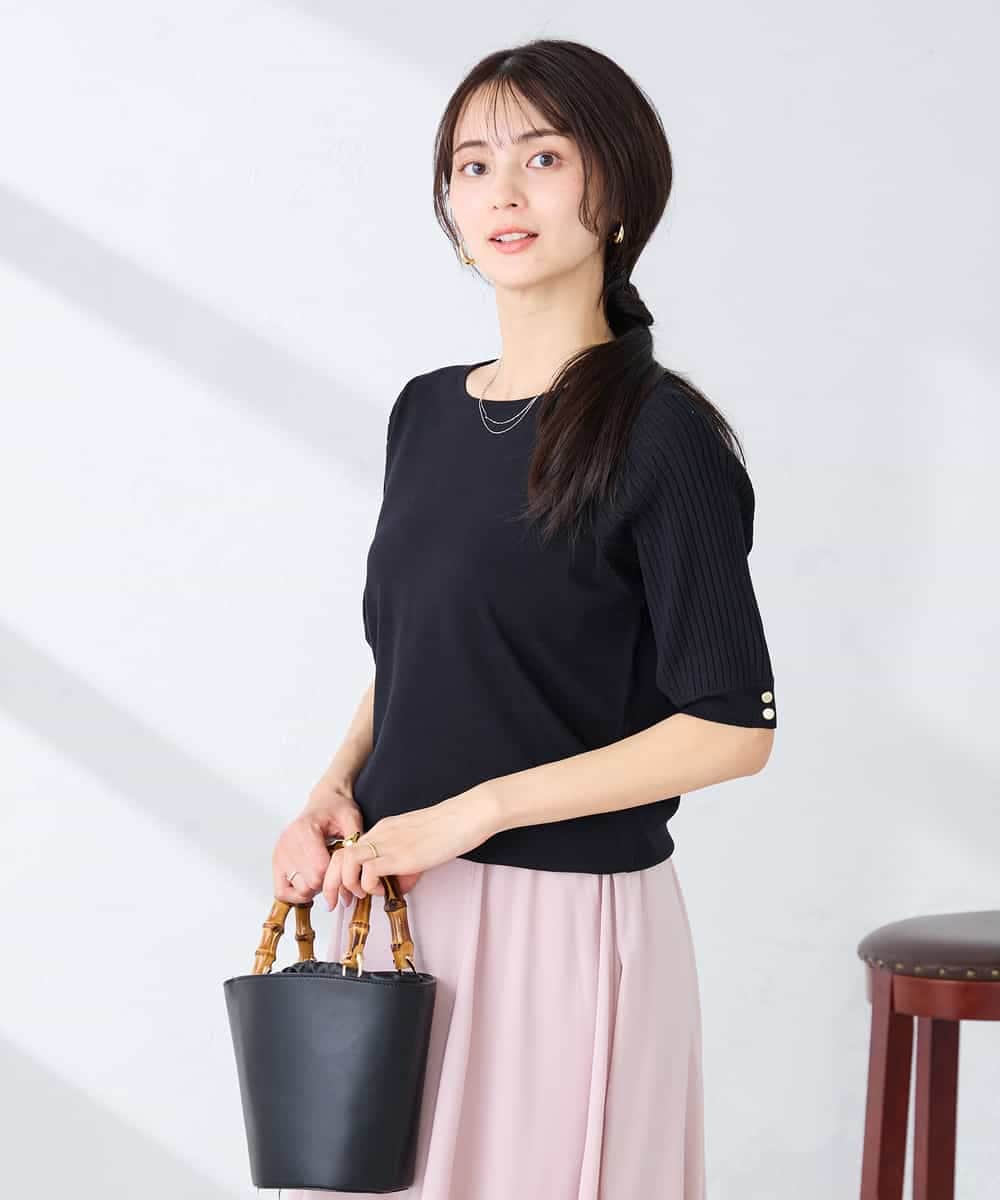 K2FGD12044 a.v.v(アー・ヴェ・ヴェ) プリーツスリーブサマーニット【接触冷感/UVカット】 ブラック