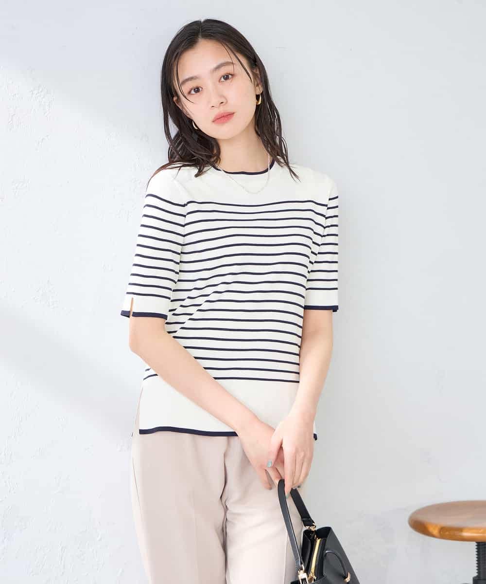 K2FGD20039 a.v.v(アー・ヴェ・ヴェ) ハーフスリーブクルーネックサマーニット【洗える/接触冷感/UVカット】 アイボリー