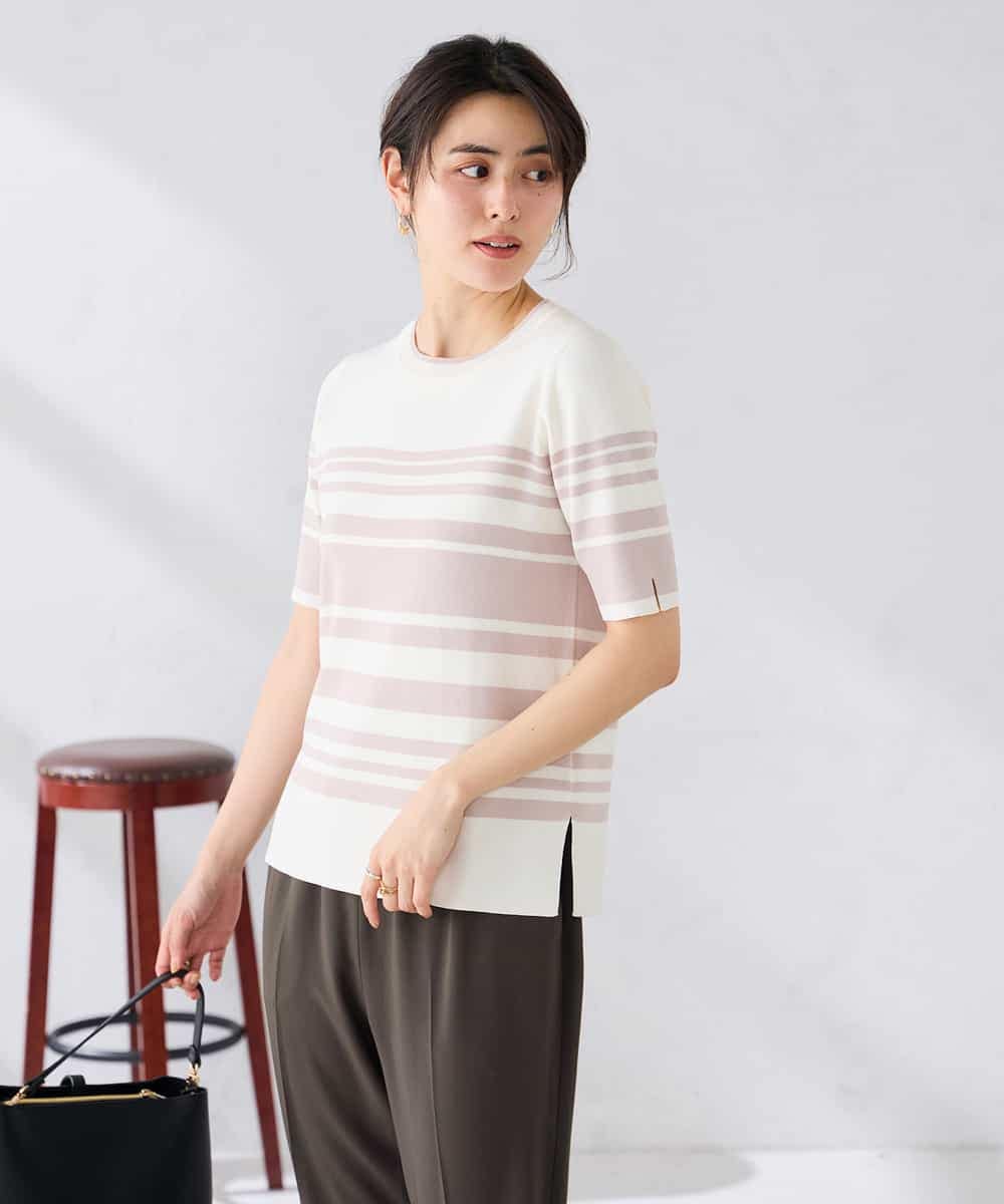 K2FGD20039 a.v.v(アー・ヴェ・ヴェ) ハーフスリーブクルーネックサマーニット【洗える/接触冷感/UVカット】 ベージュ