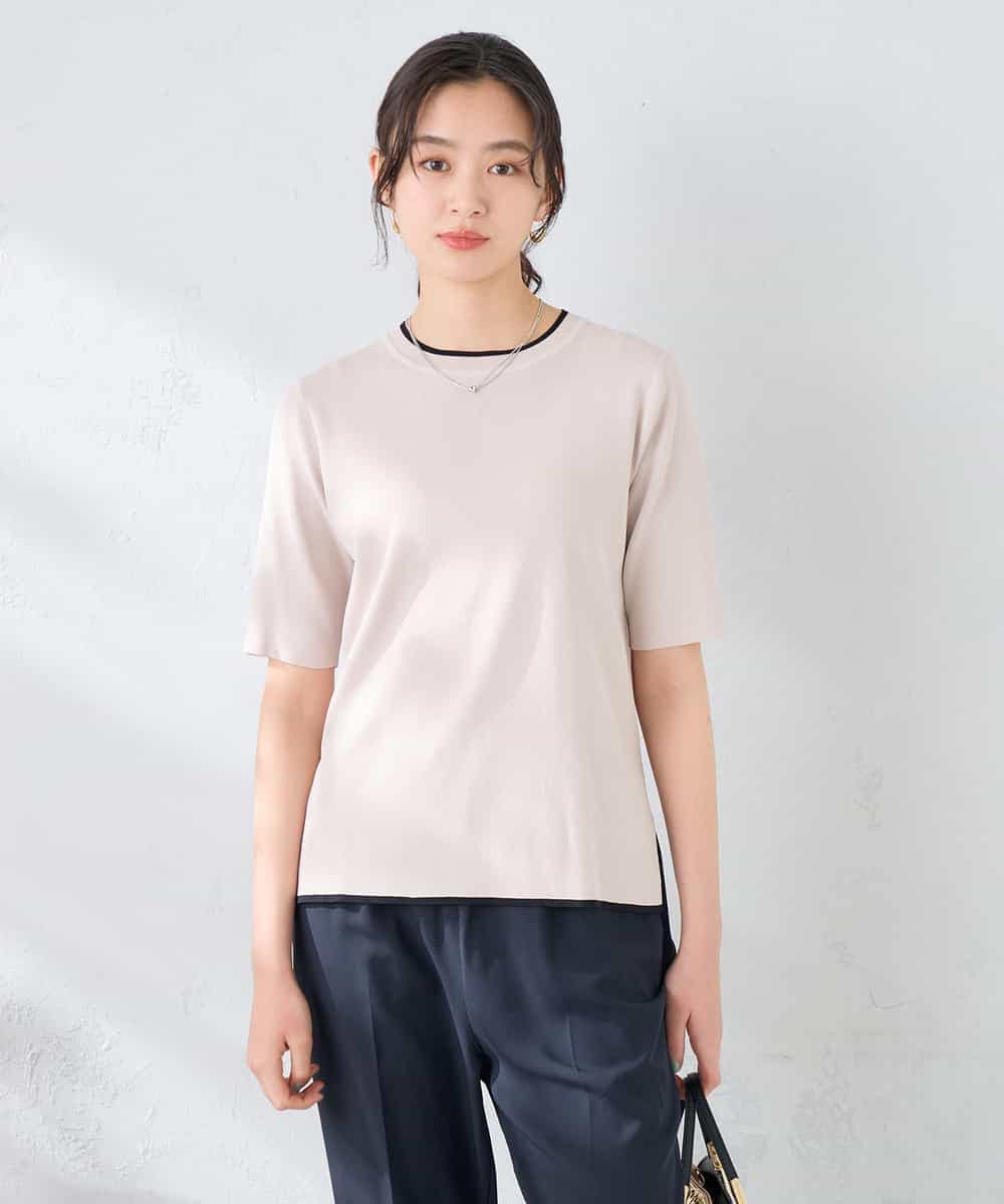 K2FGD20039 a.v.v(アー・ヴェ・ヴェ) ハーフスリーブクルーネックサマーニット【洗える/接触冷感/UVカット】 グレージュ