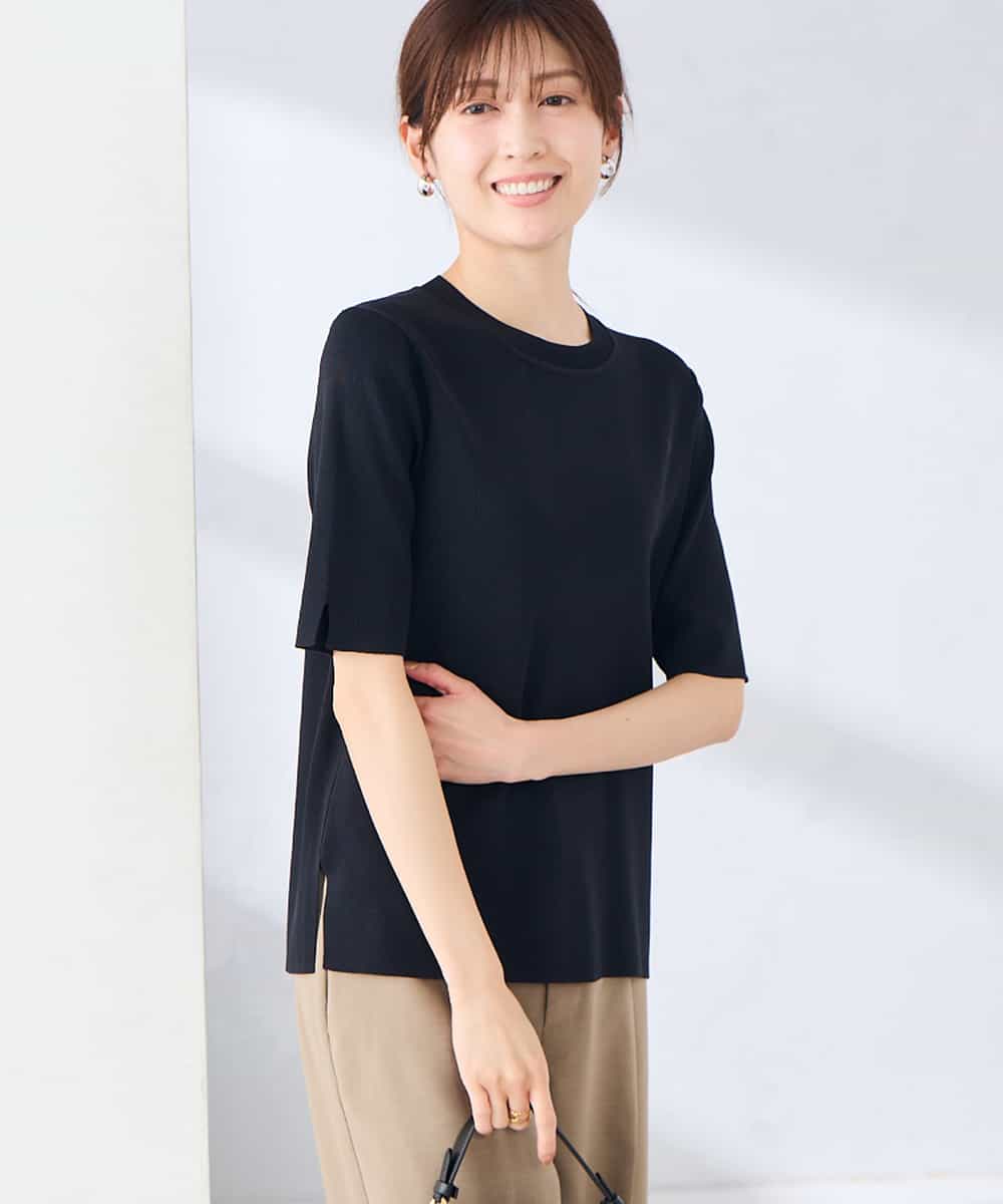 K2FGD20039 a.v.v(アー・ヴェ・ヴェ) ハーフスリーブクルーネックサマーニット【洗える/接触冷感/UVカット】 ブラック