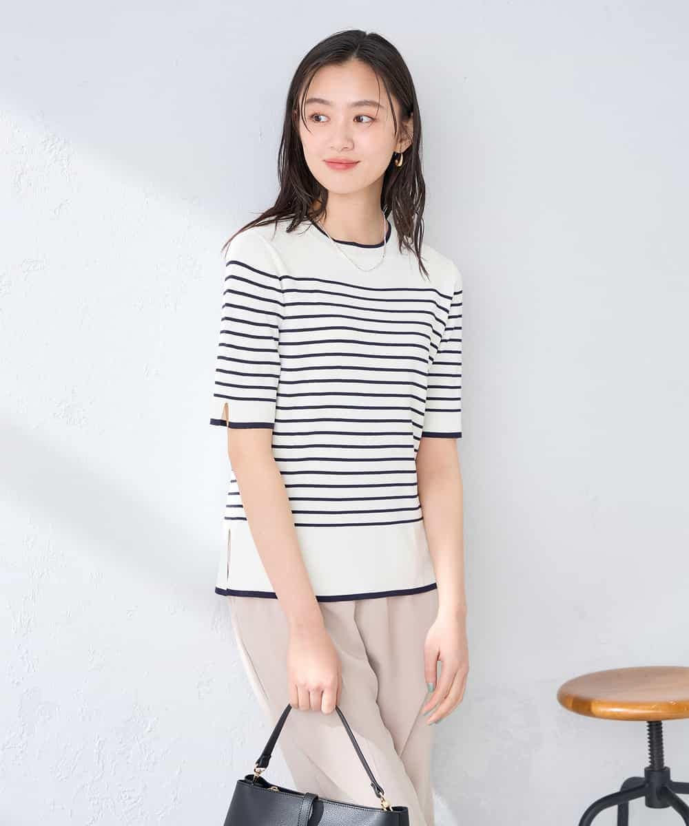 K2FGD20039 a.v.v(アー・ヴェ・ヴェ) ハーフスリーブクルーネックサマーニット【洗える/接触冷感/UVカット】 ブラック