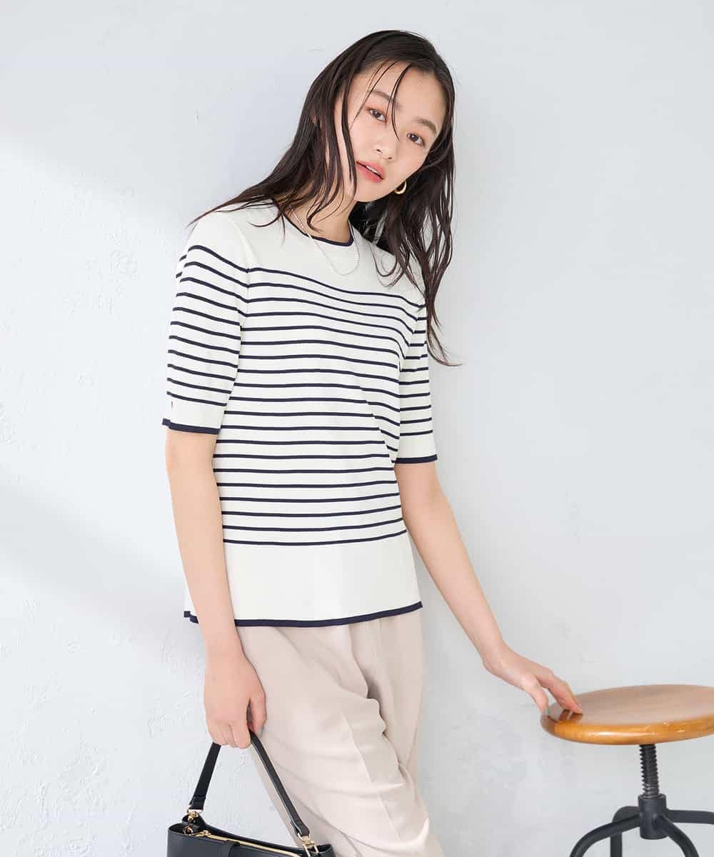 K2FGD20039 a.v.v(アー・ヴェ・ヴェ) ハーフスリーブクルーネックサマーニット【洗える/接触冷感/UVカット】 ブラック