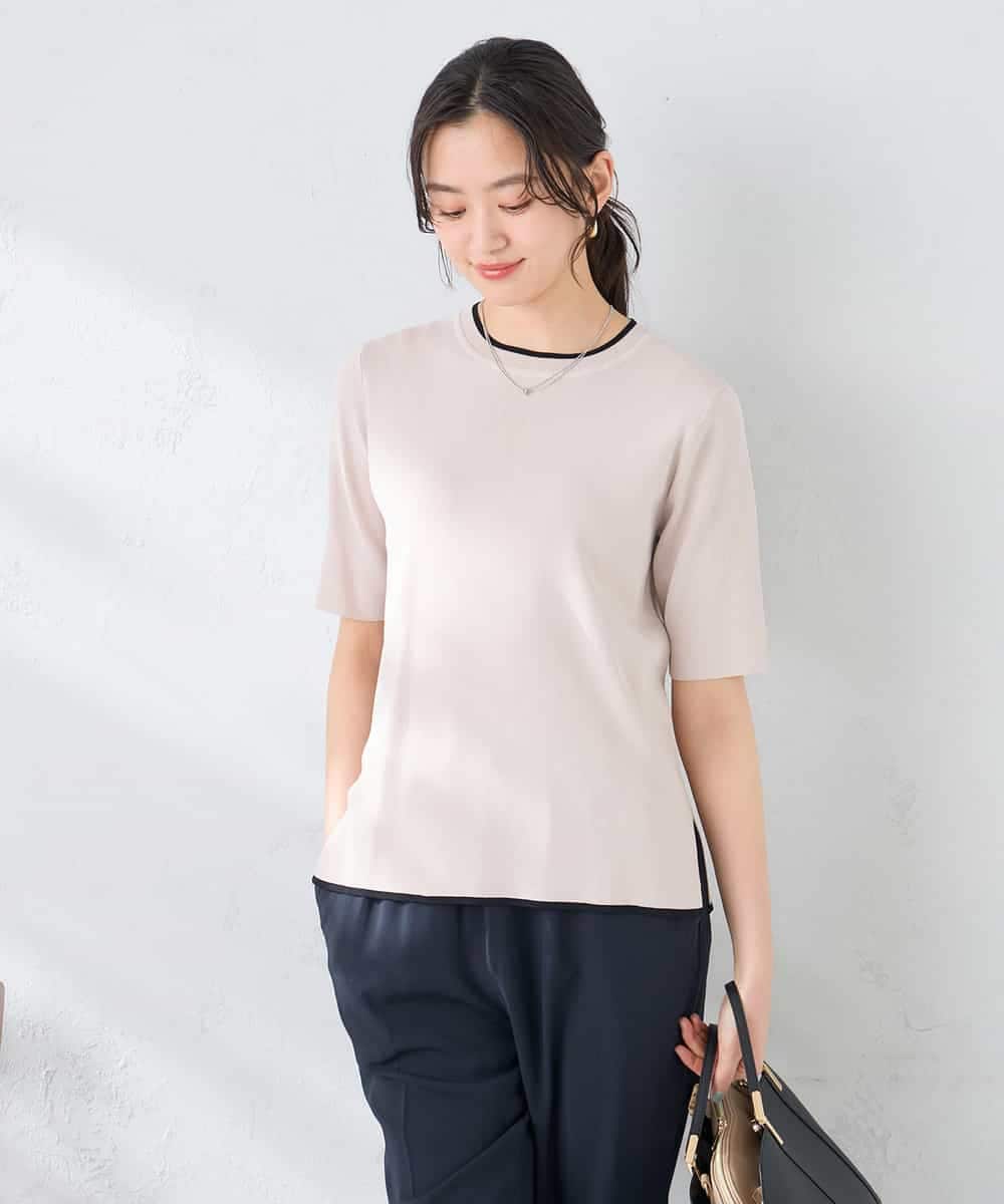 K2FGD20039 a.v.v(アー・ヴェ・ヴェ) ハーフスリーブクルーネックサマーニット【洗える/接触冷感/UVカット】 ブラック