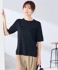 K2FGD20039 a.v.v(アー・ヴェ・ヴェ) ハーフスリーブクルーネックサマーニット【洗える/接触冷感/UVカット】 ブラック