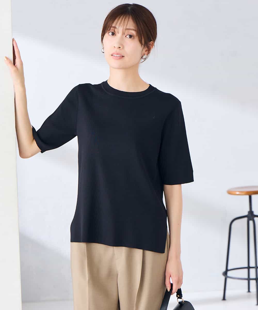 K2FGD20039 a.v.v(アー・ヴェ・ヴェ) ハーフスリーブクルーネックサマーニット【洗える/接触冷感/UVカット】 ブラック