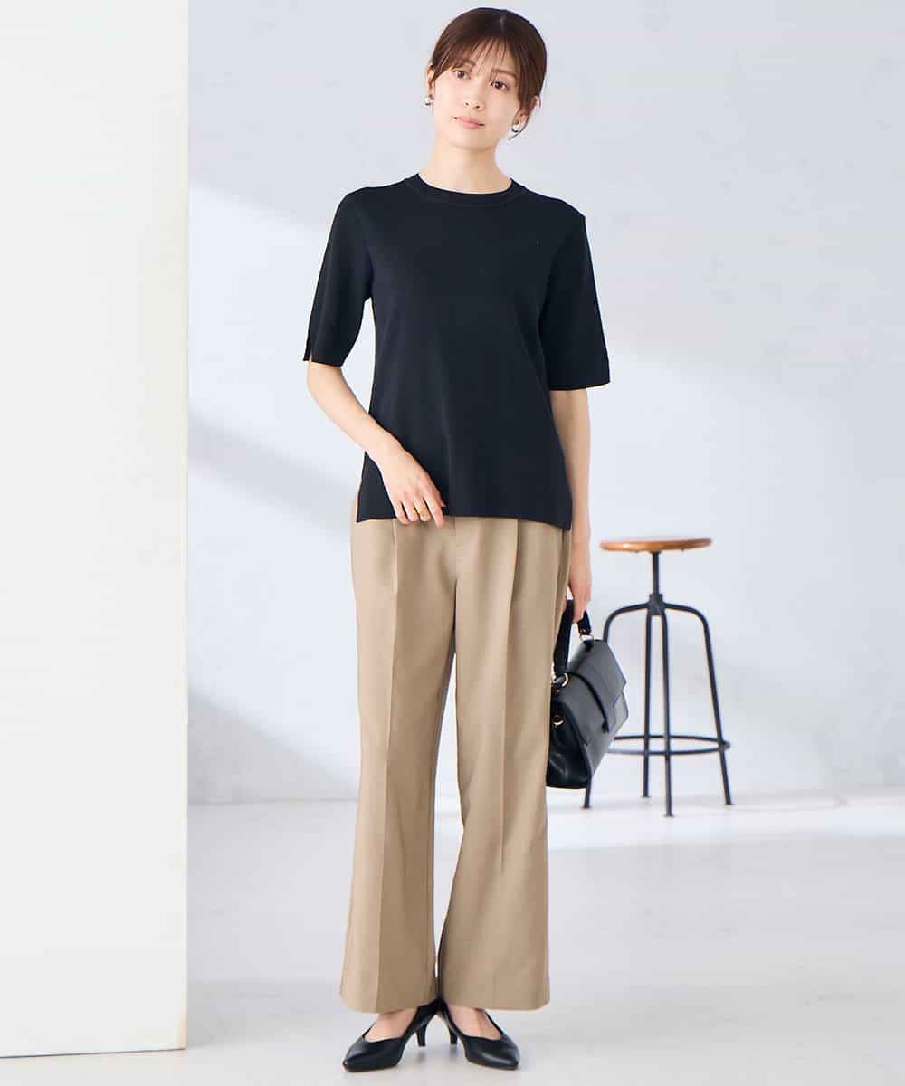 K2FGD20039 a.v.v(アー・ヴェ・ヴェ) ハーフスリーブクルーネックサマーニット【洗える/接触冷感/UVカット】 ブラック