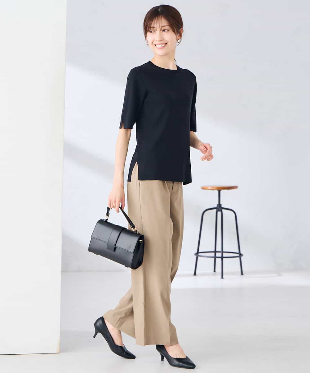 K2FGD20039 a.v.v(アー・ヴェ・ヴェ) ハーフスリーブクルーネックサマーニット【洗える/接触冷感/UVカット】 ブラック