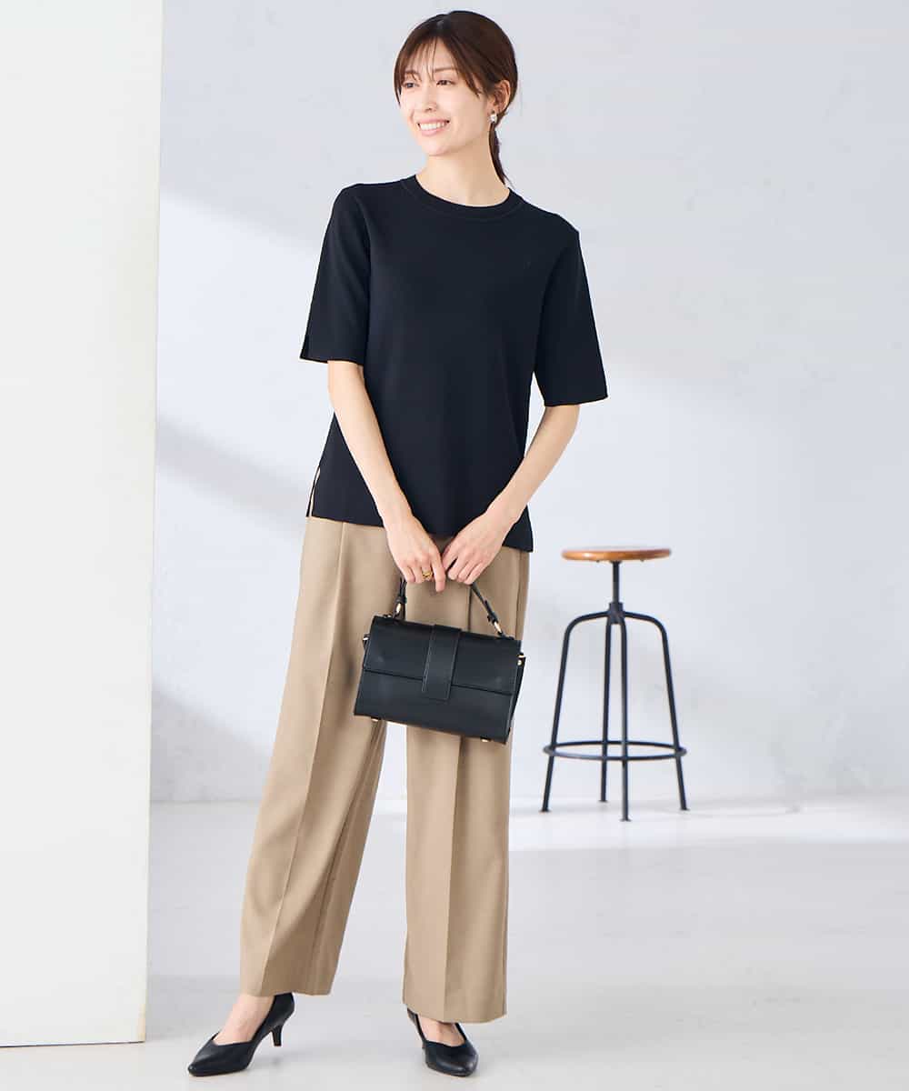 K2FGD20039 a.v.v(アー・ヴェ・ヴェ) ハーフスリーブクルーネックサマーニット【洗える/接触冷感/UVカット】 ブラック