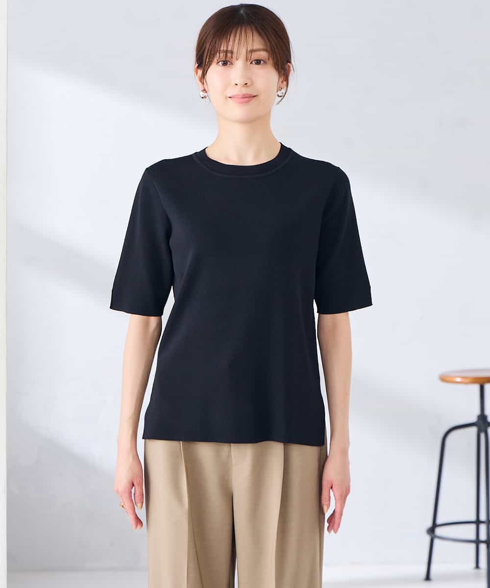 K2FGD20039 a.v.v(アー・ヴェ・ヴェ) ハーフスリーブクルーネックサマーニット【洗える/接触冷感/UVカット】 ブラック