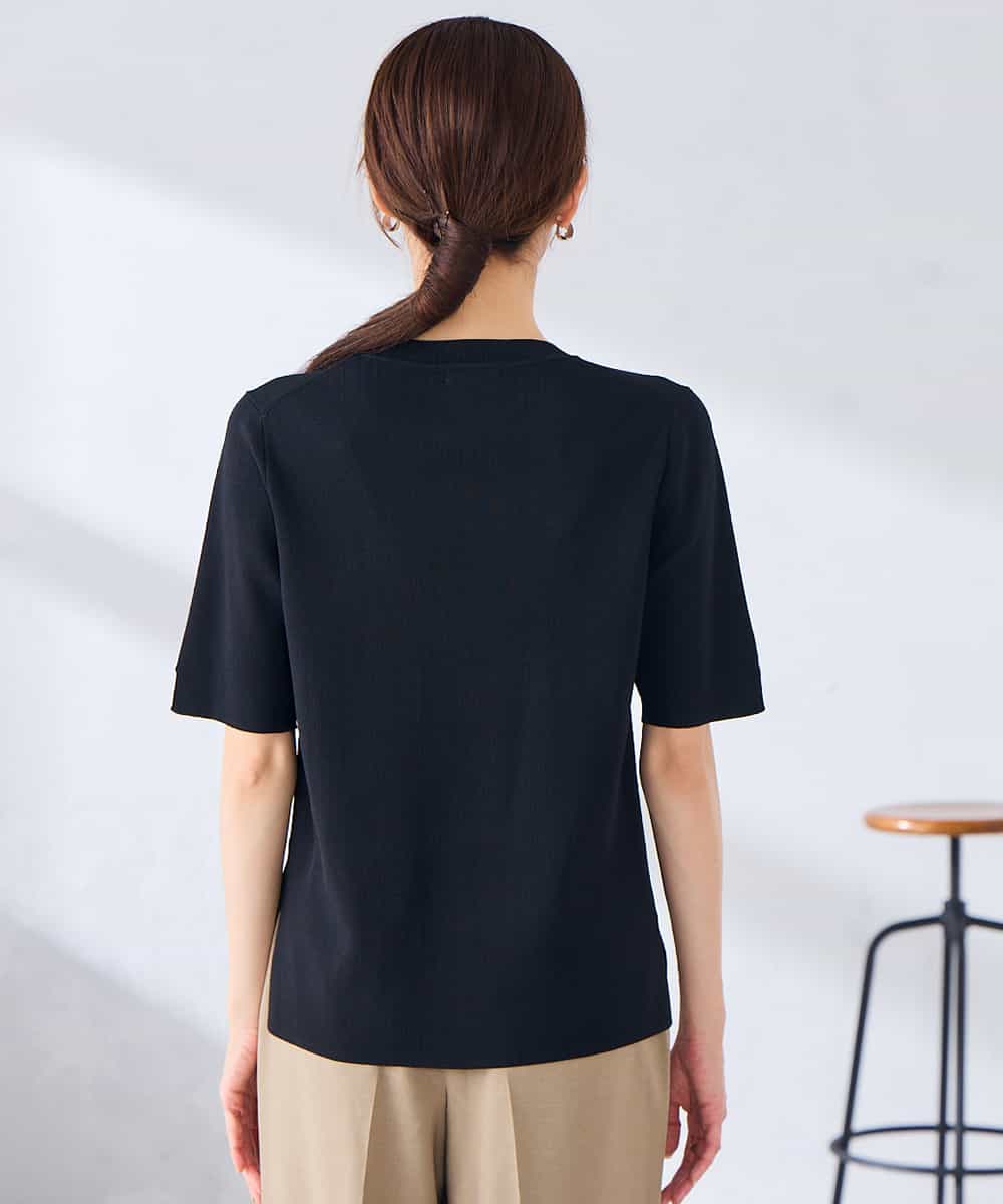 K2FGD20039 a.v.v(アー・ヴェ・ヴェ) ハーフスリーブクルーネックサマーニット【洗える/接触冷感/UVカット】 ブラック