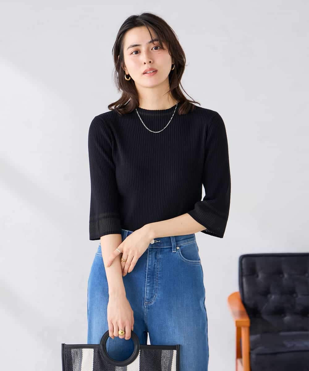 K2FGD29044 a.v.v(アー・ヴェ・ヴェ) 部分シアーフレア袖リブニット ブラック