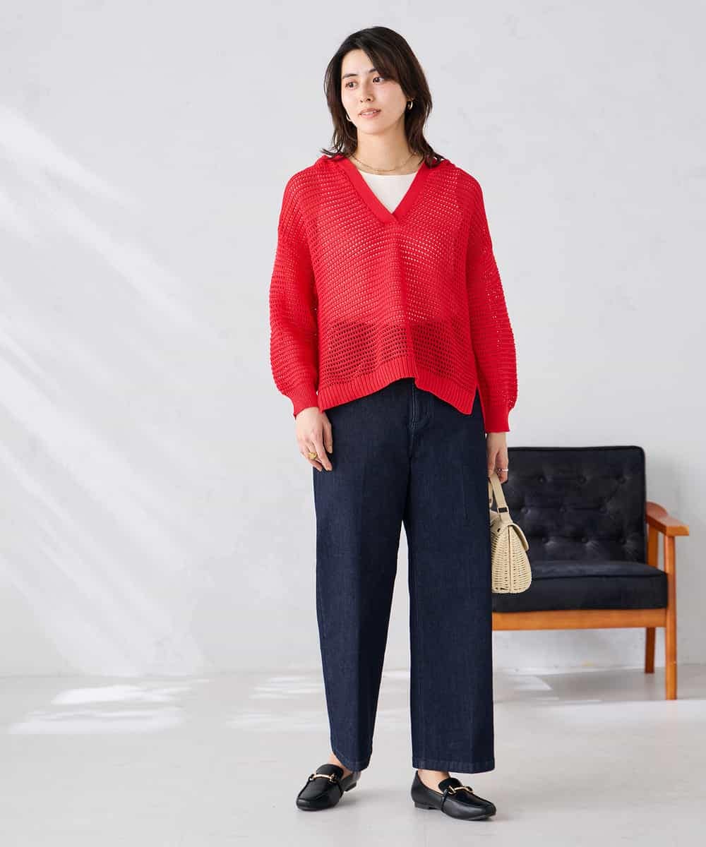 K2FGD31054 a.v.v(アー・ヴェ・ヴェ) メッシュフードニットプルオーバー レッド