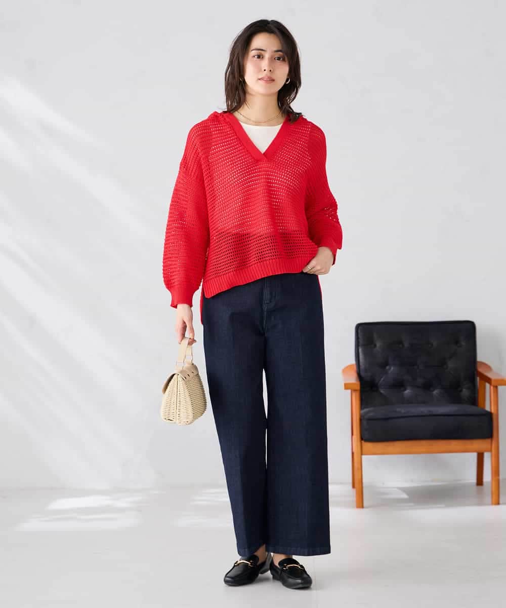 K2FGD31054 a.v.v(アー・ヴェ・ヴェ) メッシュフードニットプルオーバー レッド