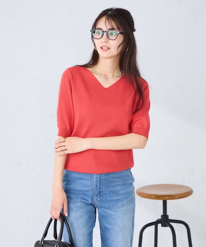 K2FGD59039 a.v.v ハーフスリーブVネックサマーニット【洗える/接触冷感/UVカット】