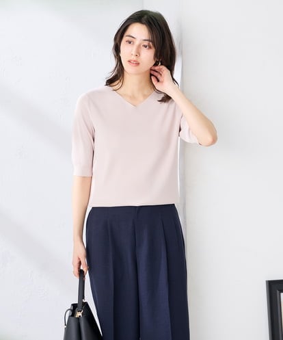 K2FGD59039 a.v.v ハーフスリーブVネックサマーニット【洗える/接触冷感/UVカット】