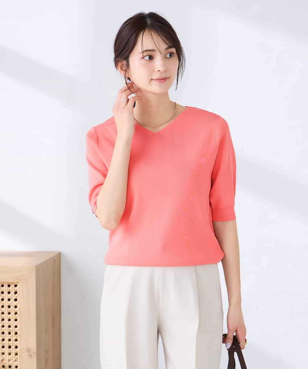 K2FGD79039 a.v.v(アー・ヴェ・ヴェ) ハーフスリーブVネックサマーニット【WEB限定/洗える/接触冷感/UVカット】 オレンジ