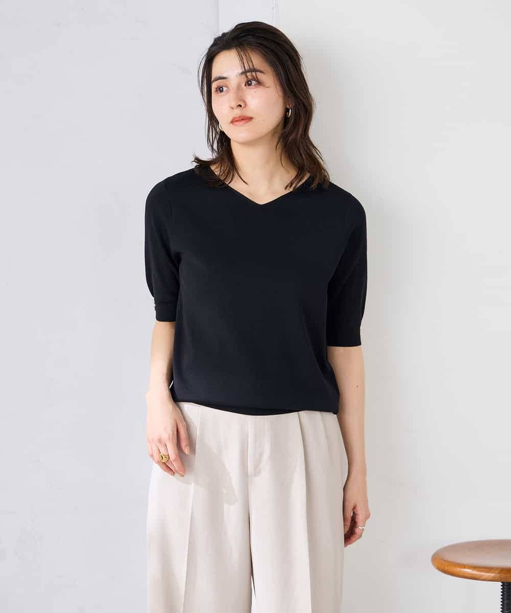 K2FGD79039 a.v.v(アー・ヴェ・ヴェ) ハーフスリーブVネックサマーニット【WEB限定/洗える/接触冷感/UVカット】 ブラック