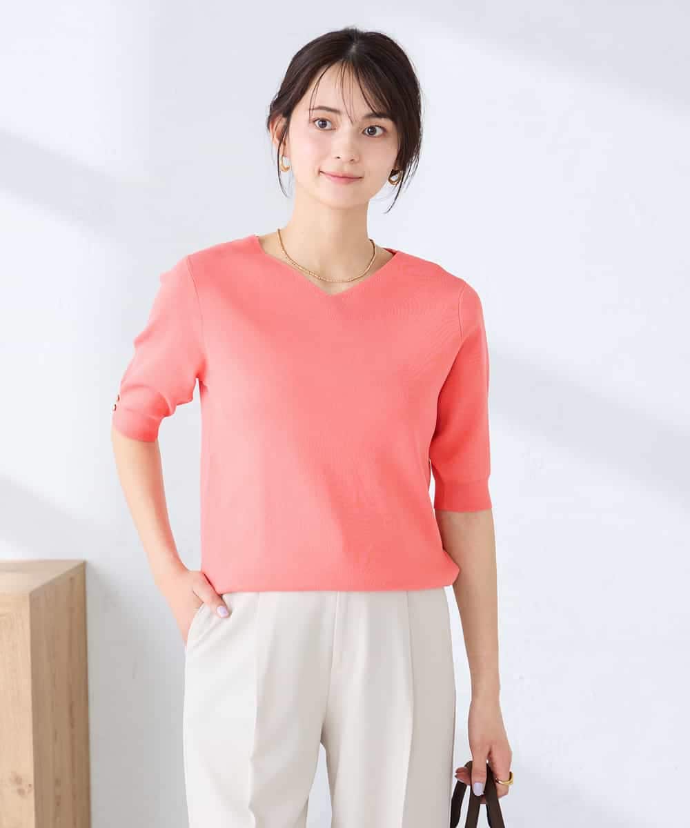 K2FGD79039 a.v.v(アー・ヴェ・ヴェ) ハーフスリーブVネックサマーニット【WEB限定/洗える/接触冷感/UVカット】 ブラック