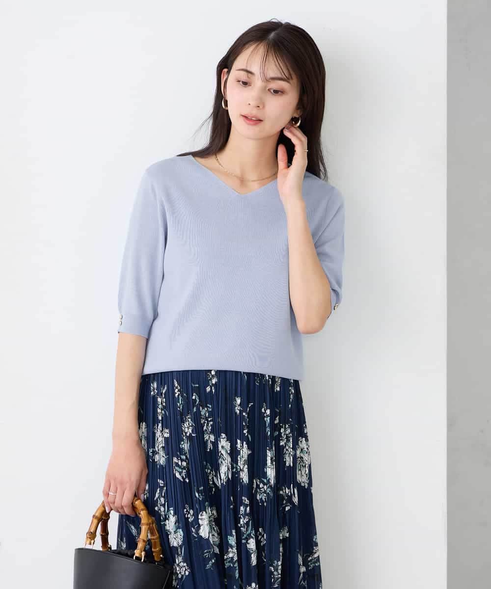 K2FGD79039 a.v.v(アー・ヴェ・ヴェ) ハーフスリーブVネックサマーニット【WEB限定/洗える/接触冷感/UVカット】 ブラック